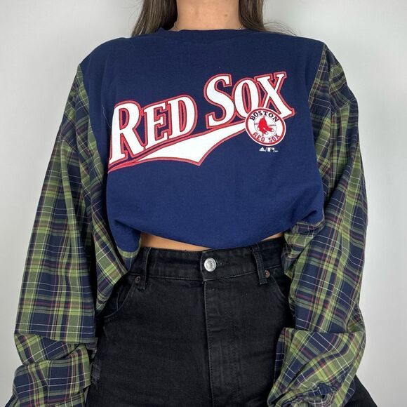 Red Sox Reworked Upcycled Long Sleeved Lightweight Baggy Loose fit Shirt Top - Picture 1 of 4